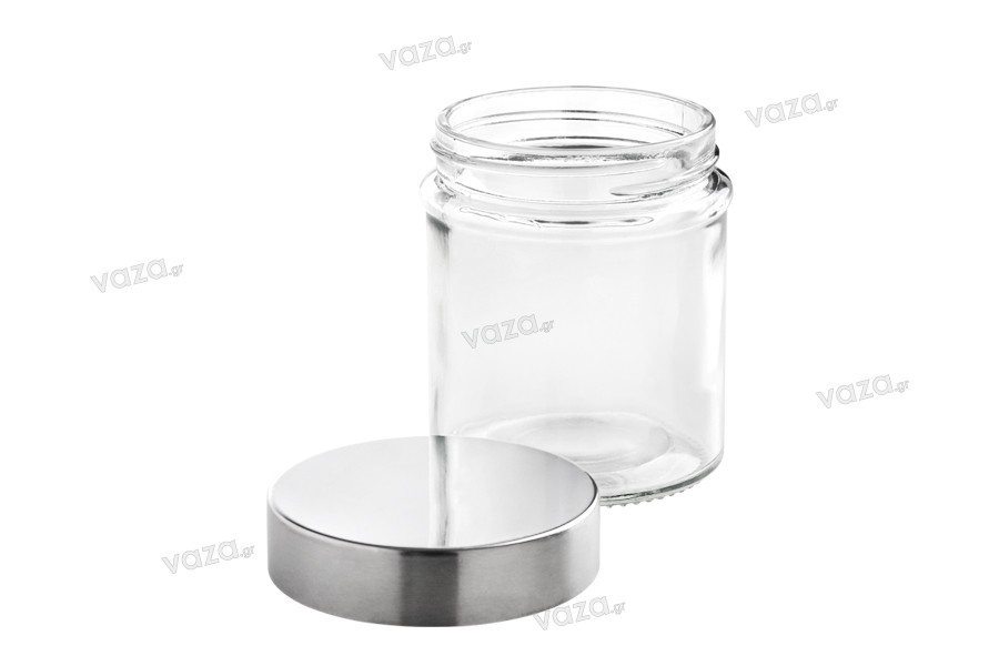 Petit pot rond de 300ml en verre 80 x 100 mm avec couvercle en argent