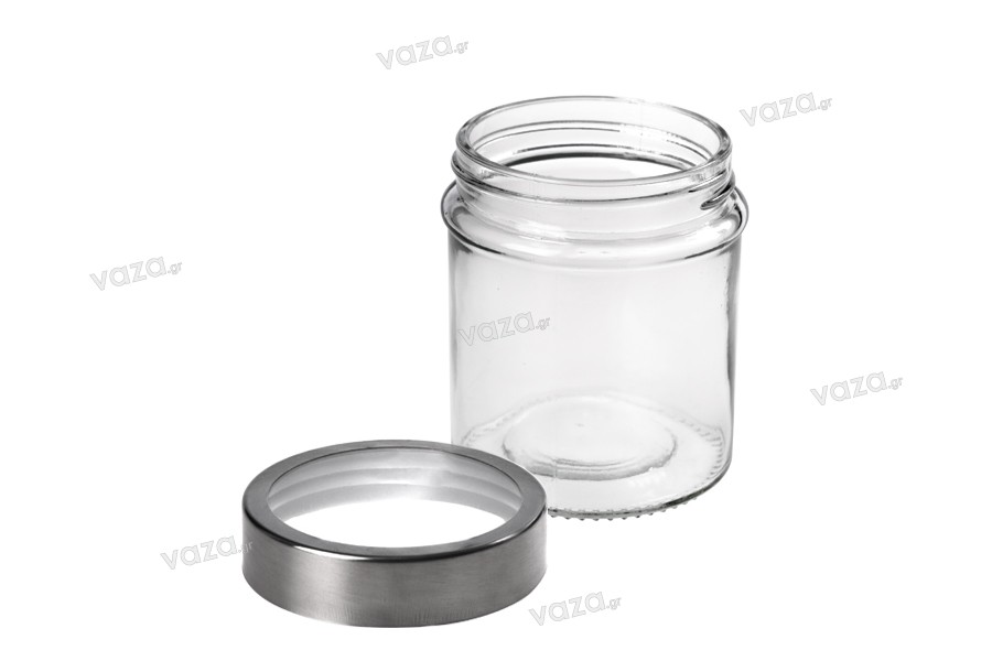 Petit pot rond de 300ml en verre 80 x 100 mm avec couvercle en argent-transparent