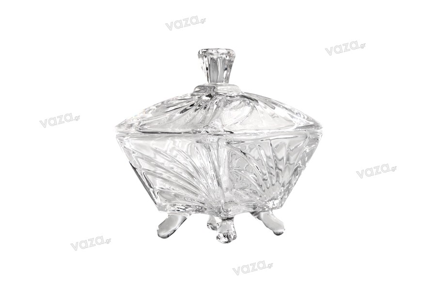Candy buffet decoration glass jar in embossed design with lid and foot in size 95x76mm