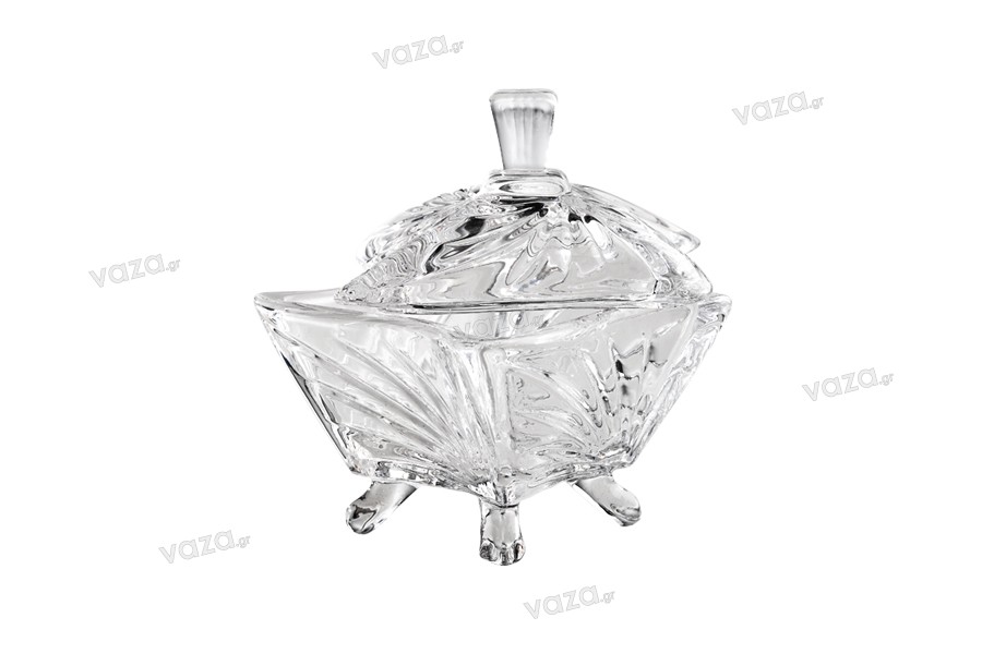 Candy buffet decoration glass jar in embossed design with lid and foot in size 95x76mm