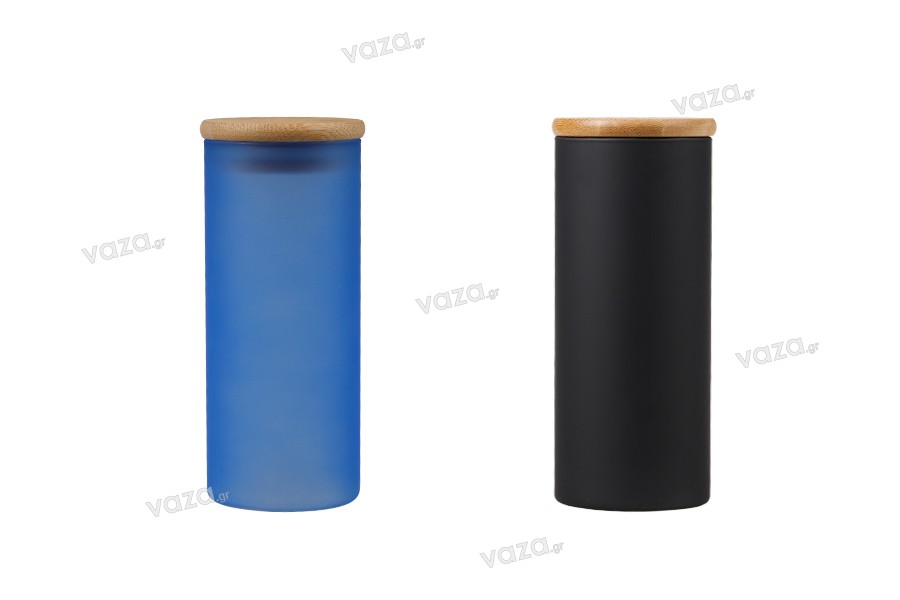 Βαζάκι γυάλινο 65x150 mm με ξύλινο καπάκι σε διάφορα ματ χρώματα