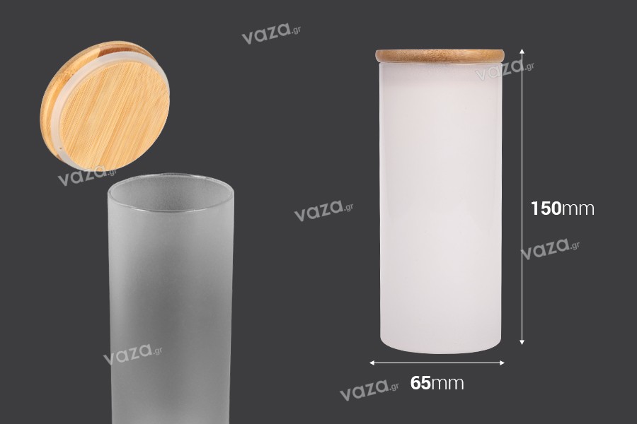 Βαζάκι γυάλινο 65x150 mm με ξύλινο καπάκι σε διάφορα χρώματα