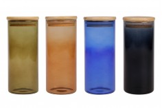 Glass jar with rubber sealed wooden lid in size 65x150 mm, available in many colors