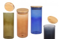 Glass jar with rubber sealed wooden lid in size 65x150 mm, available in many colors