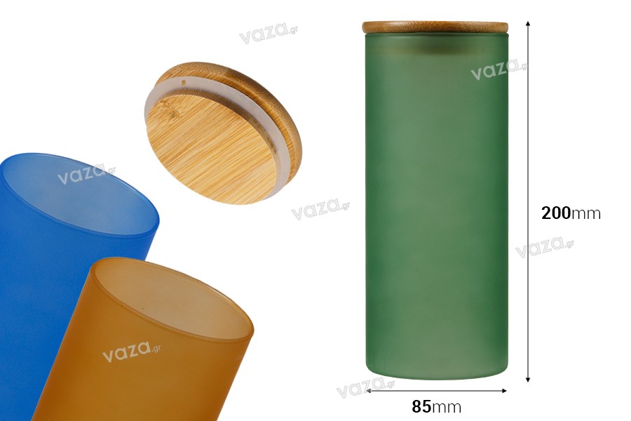 Petit pot en verre 85 x 200 mm avec couvercle de sécurité en bois en différentes couleurs