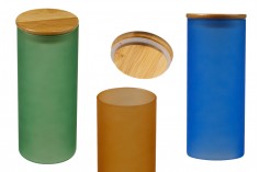 Petit pot en verre 85 x 200 mm avec couvercle de sécurité en bois en différentes couleurs