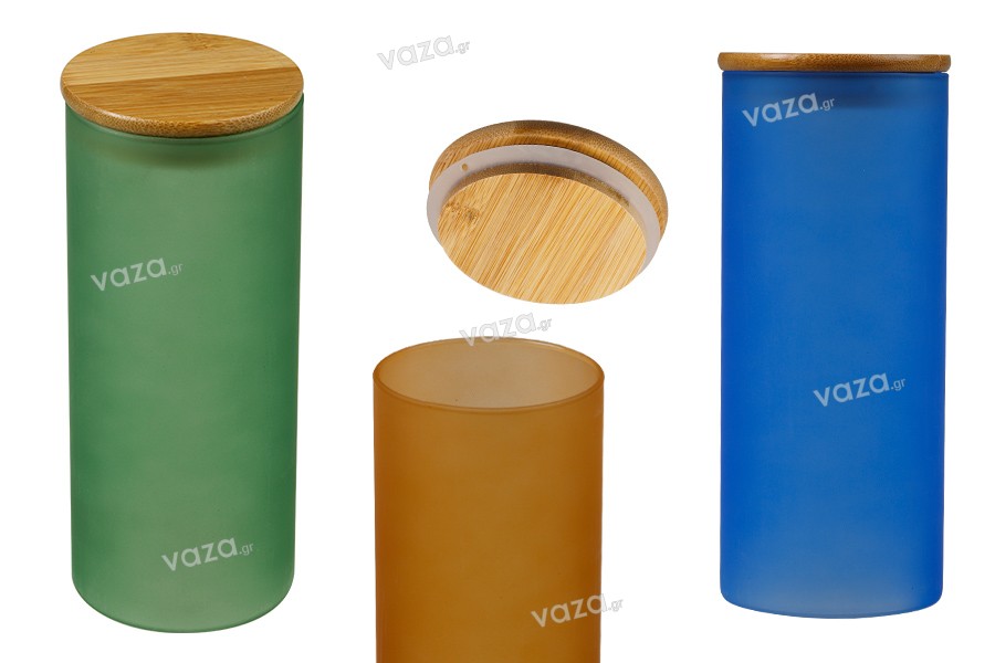 Glass jar 85x200 mm with wooden safety lid in various matte colors