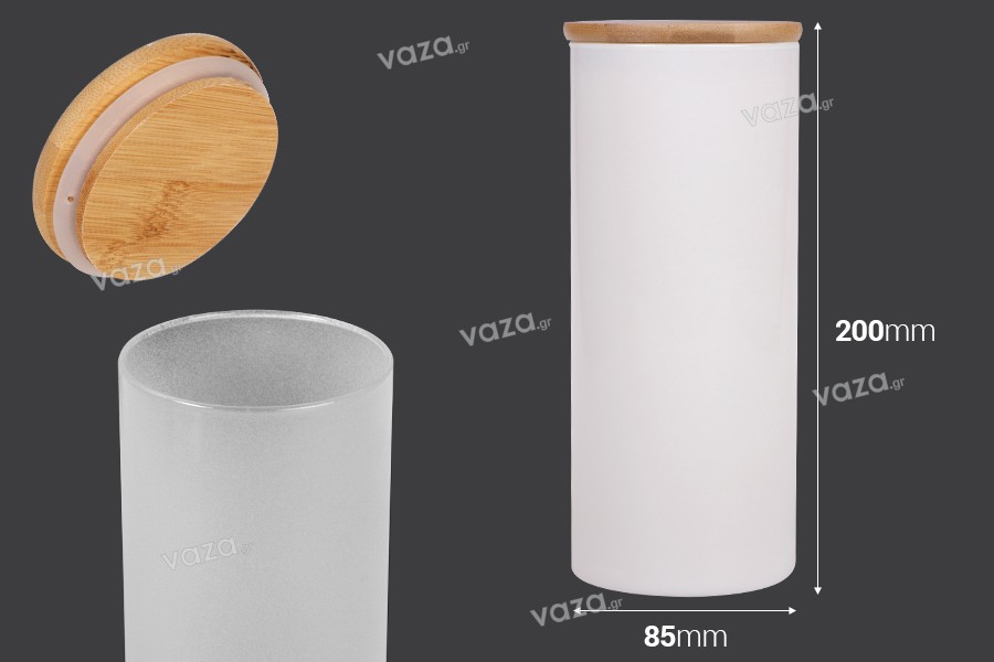 Βαζάκι γυάλινο 85x200 mm με ξύλινο καπάκι σε διάφορα χρώματα