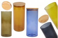 Glass jar with rubber sealed wooden lid in size 65x200 mm, available in many colors