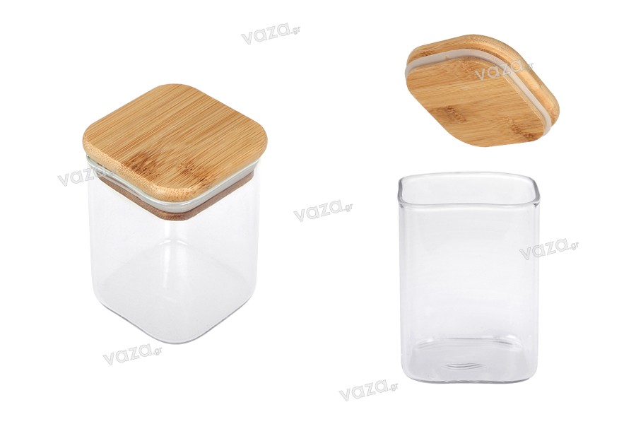Pots à épices en verre avec couvercle en bois, carré transparent