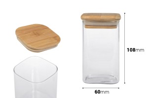 Pot carré en verre de 250ml avec couvercle en bois et bande élastique-εικόνα_διαστάσεις