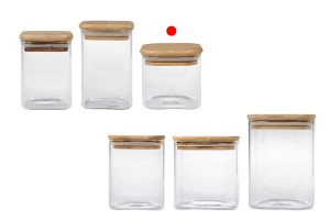290ml Glasdose, quadratisch mit Holzdeckel und Gummi-bildgruppe