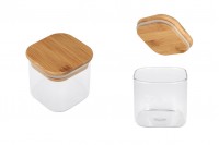 290 ml glass jar, square with wooden lid and rubber