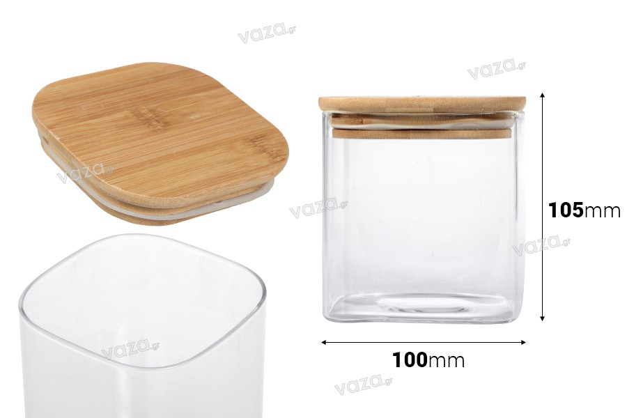 Βάζο γυάλινο 680 ml, τετράγωνο με ξύλινο καπάκι και λάστιχο