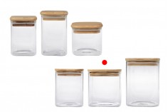 Glass jar 680 ml, square with wooden lid and rubber
