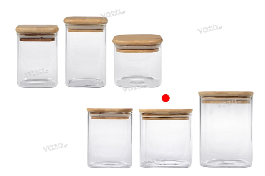Glass jar 680 ml, square with wooden lid and rubber