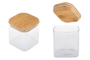 Glasdose 680ml, quadratisch mit Holzdeckel und Gummi-εικόνα_προϊοντική