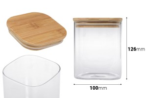 Glasdose 830ml, quadratisch mit Holzdeckel und Gummi-εικόνα_διαστάσεις