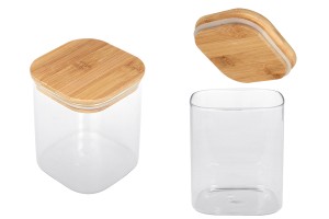 Glasdose 830ml, quadratisch mit Holzdeckel und Gummi-εικόνα_προϊοντική