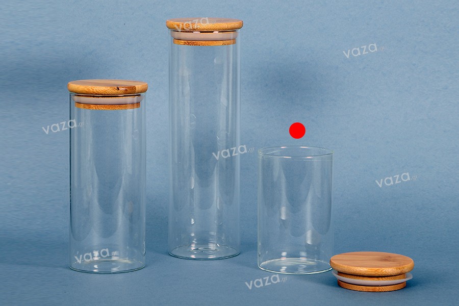 Borcan de sticlă de 250 ml, rotund cu capac din lemn și cauciuc