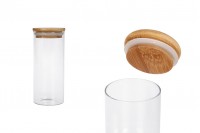400 ml round glass jar with rubber sealed wooden lid.