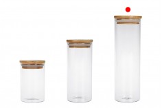 550 ml round glass jar with rubber sealed wooden lid.