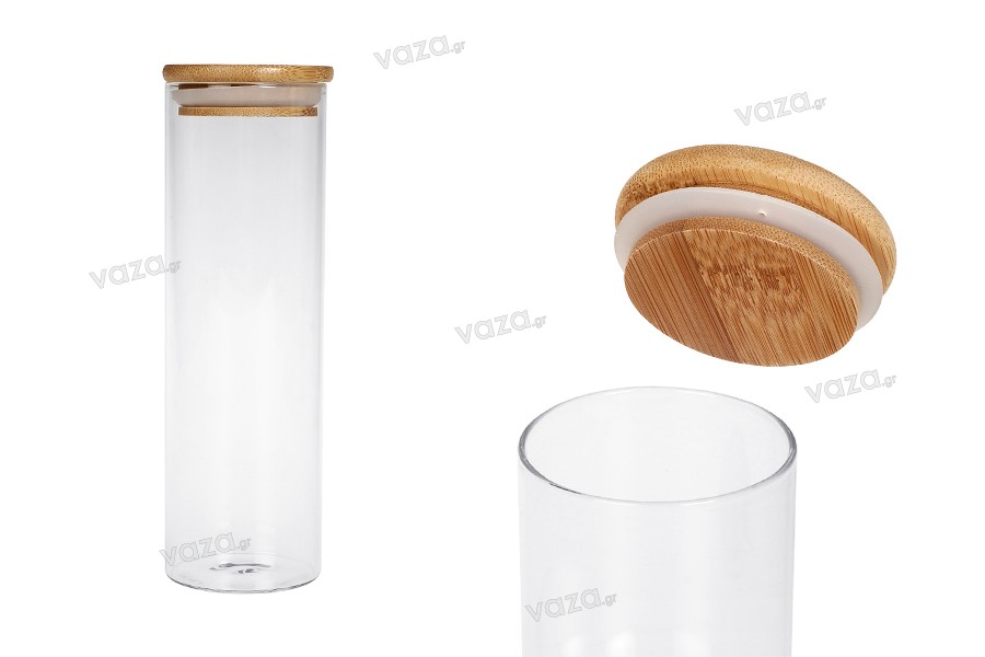 Borcan de sticlă de 550 ml, rotund cu capac din lemn și cauciuc