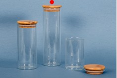 550 ml round glass jar with rubber sealed wooden lid.