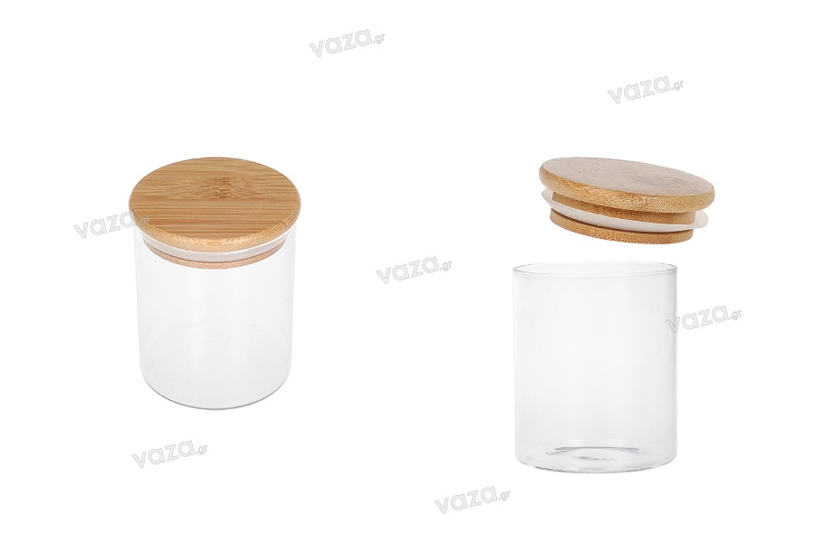Petit pot rond en verre de 450ml avec couvercle en bois et bande élastique