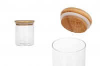 450 ml round glass jar with rubber sealed wooden lid.