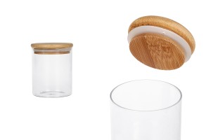 450ml Glas, rund mit Holzdeckel und Gummi