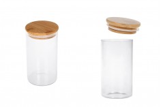 610 ml round glass jar with rubber sealed wooden lid.