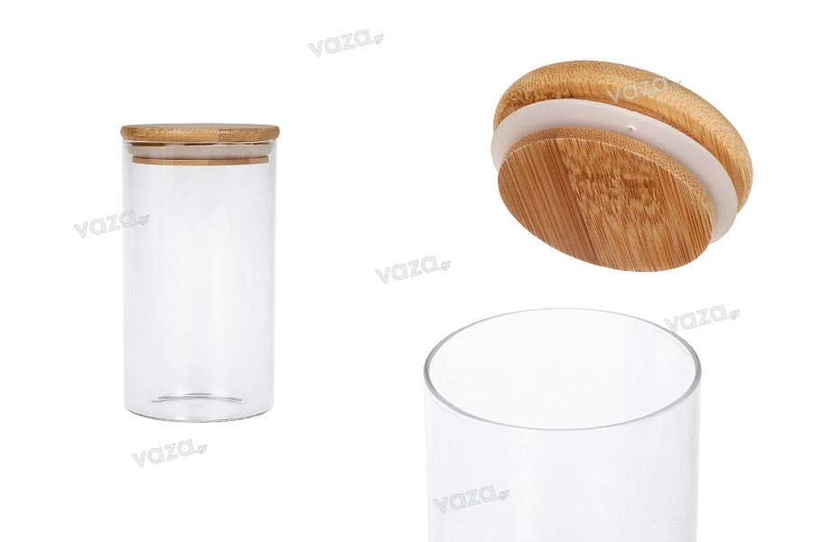 610 ml round glass jar with rubber sealed wooden lid.