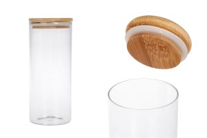 Petit pot rond en verre de 1000ml  avec couvercle en bois et bande élastique-εικόνα_προϊοντική