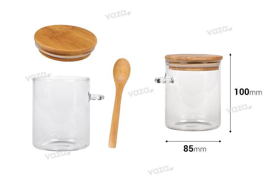 Borcan de sticla de 450 ml, rotund 85x100 mm cu lingura si capac din lemn
