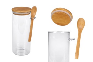 1000ml Glasgefäß, rund 85x200 mm mit Löffel und Holzdeckel-produktbild