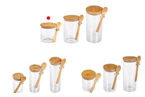 Pot rond en verre de 600ml 65 x 100 mm avec cuillère et couvercle en bois-3