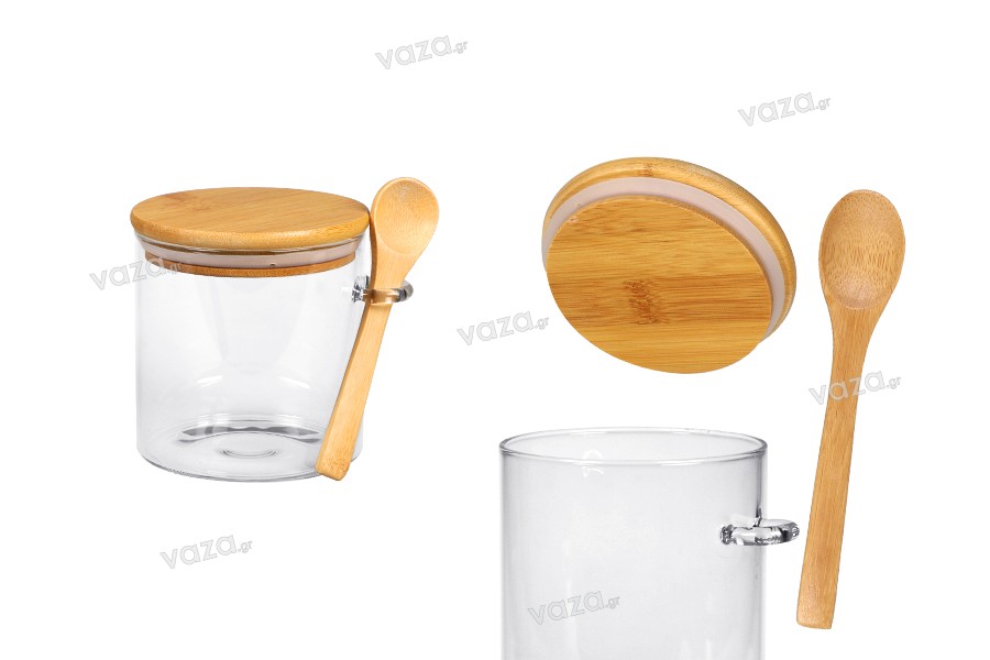 600 ml glass jar, round 100x100 mm with spoon and wooden lid