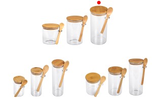 Pot rond en verre de 1300ml 100 x 200 mm avec cuillère et couvercle en bois-εικόνα_σύνθεση