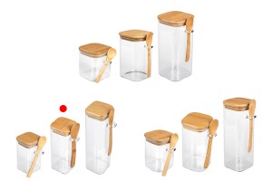 400ml Glasbehälter quadratisch 60x150 mm mit Teelöffel und Holzdeckel-bildgruppe