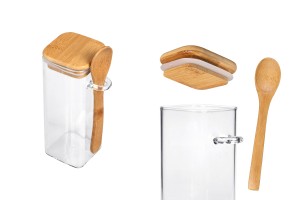 400ml Glasbehälter quadratisch 60x150 mm mit Teelöffel und Holzdeckel-produktbild