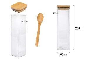 Βάζο 550 ml γυάλινο, τετράγωνο 60x200 mm με κουταλάκι και ξύλινο καπάκι-εικόνα_διαστάσεις
