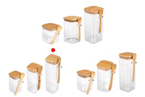 Βάζο 550 ml γυάλινο, τετράγωνο 60x200 mm με κουταλάκι και ξύλινο καπάκι-εικόνα_σύνθεση