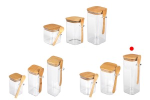 900ml Glasbehälter quadratisch 80x200 mm mit Löffel und Holzdeckel-εικόνα_σύνθεση