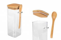 900 ml square glass jar with spoon and rubber sealed wooden lid in size 80x200mm