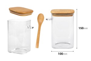 Pot carré en verre de 1050ml 100 x 150 mm avec cuillère et couvercle en bois-εικόνα_διαστάσεις