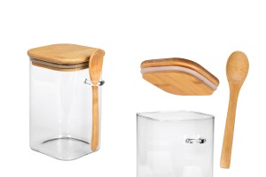 Pot carré en verre de 1050ml 100 x 150 mm avec cuillère et couvercle en bois-εικόνα_προϊοντική