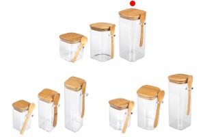 1550ml Glasbehälter quadratisch 100x200 mm mit Löffel und Holzdeckel-εικόνα_σύνθεση