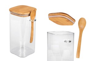 1550ml Glasbehälter quadratisch 100x200 mm mit Löffel und Holzdeckel-εικόνα_προϊοντική