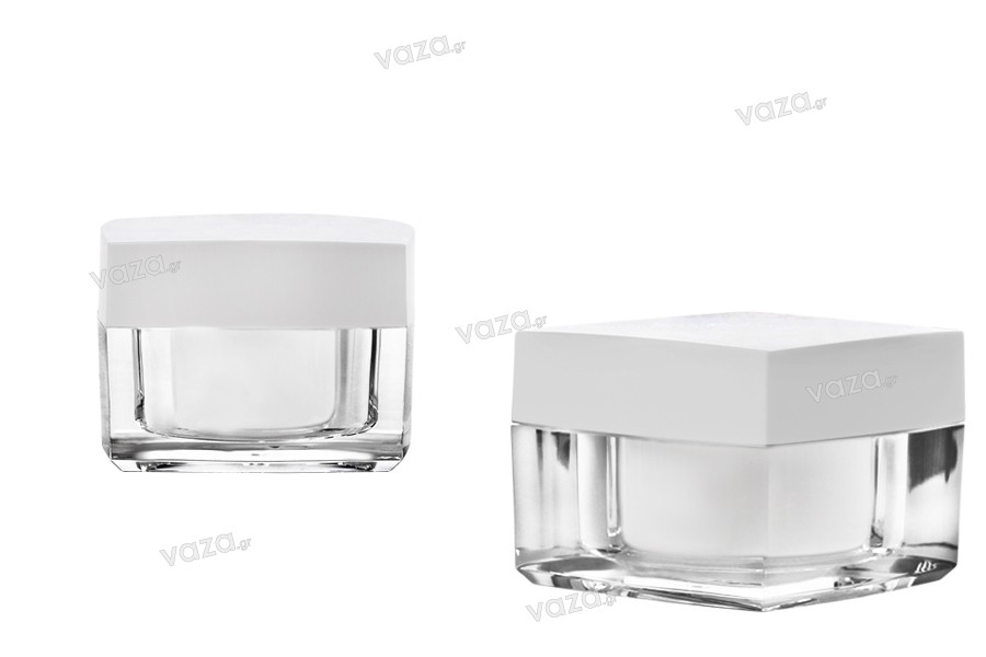 Luxury 30ml square cream jar with sealing disc and white plastic double-layer cap.